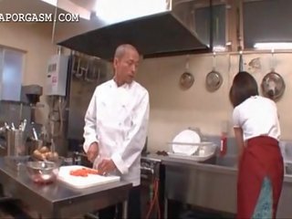 Asian waitress gets tits grabbed by her boss at work