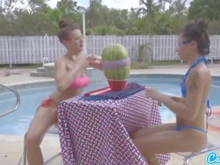 Camsoda teens with big ass and big tits introduce a watermelon explode with rubber ba
